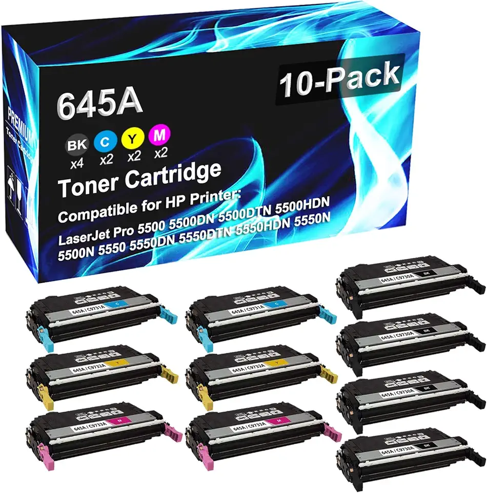 10 Pack (4BK+2C+2Y+2M) Compatible High Yield 645A C9730A | C9731A | C9732A | C9733A Toner Cartridge use for HP 5500 5500DN 5500DTN 5500HDN 5550DN 5550DTN 5550HDN Laser Printer Toner Cartridge