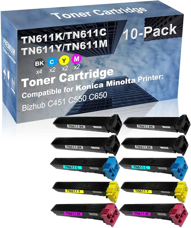 10-Pack (4BK+2C+2Y+2M) Compatible C451 C550 C650 Printer Toner Cartridge High Capacity Replacement for Konica Minolta TN611 (TN611K+ TN611C+ TN611Y+ TN611M) Toner Cartridge