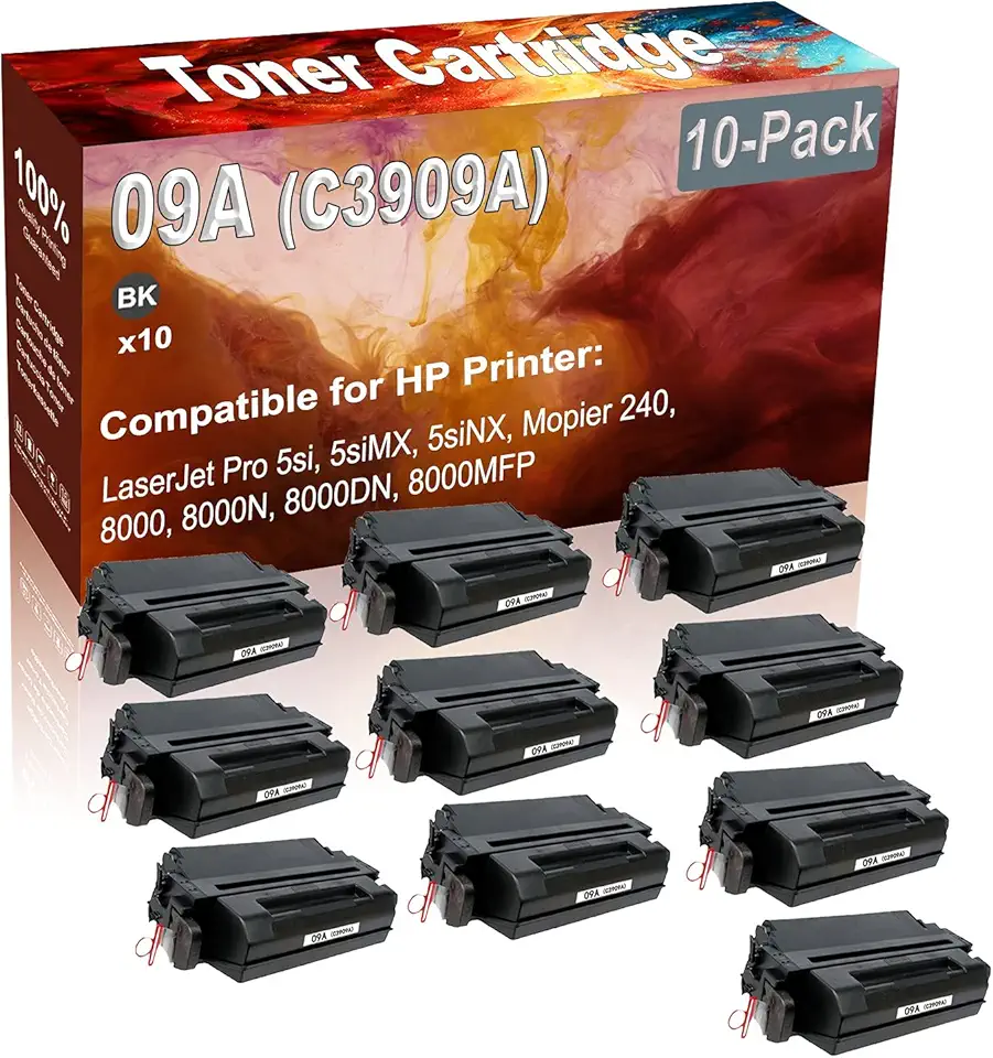10-Pack (Black) Compatible 5si, 5siMX, 5siNX, Mopier 240, 8000, 8000N, 8000DN, 8000MFP Laser Printer Cartridge (High Capacity) Replacement for HP 09A (C3909A) Printer Cartridge