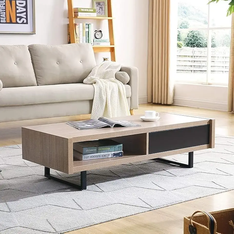 Tan Coffee Table with Black Drawer, Open Storage & Black U-Shaped Metal Legs, Wood, Mid-Century Center Table for Living Room, Office, 47.2