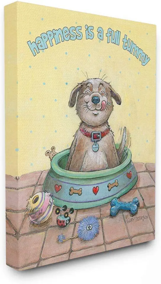 Stupell Industries Happiness is A Full Tummy Dog Funny Cartoon Pet Design Super Oversized Stretched Canvas Wall Art by Gary Patterson, Model Number: fda-169_cn_36x48