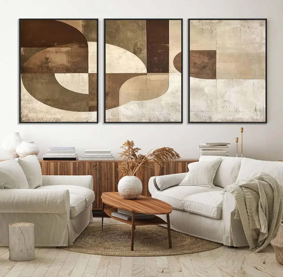 Wabi Sabi Geometric Wall Art | Abstract Modern Minimalist Canvas Print with Neutral Mid Century Art 3 Panel Floating Frame/Black / 90