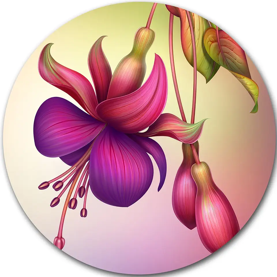 Designart Fuchsia Flowers with Green Leaves-Floral Round Wall Art-Disc of 23, 23'' H x 23'' W x 1'' D 1P