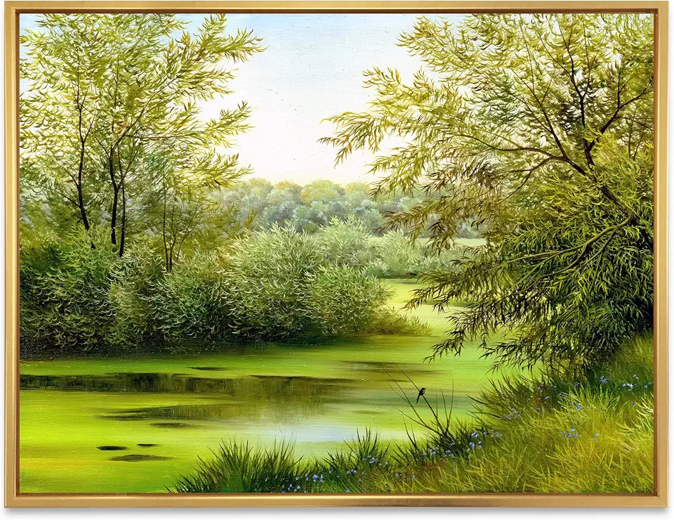 Green Pond With Spring Trees - Country Framed Canvas Wall Art Print