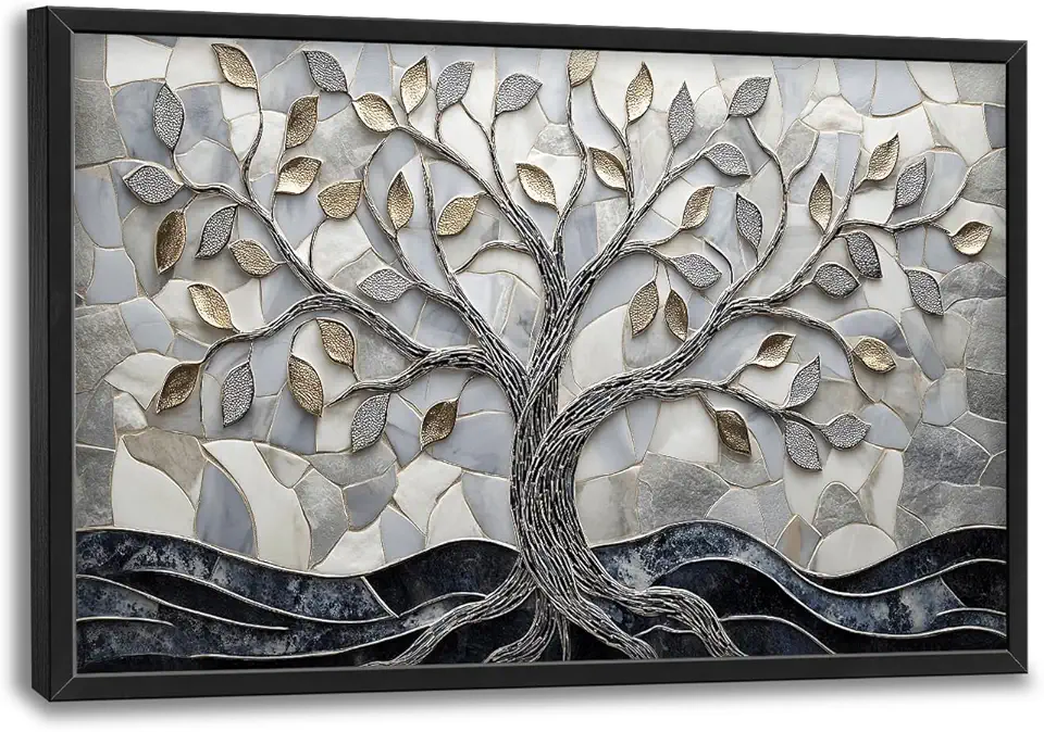 Large Grey and Gold Tree Framed Wall Art Tree of Life Canvas Wall Decor Abstract Pictures Print Painting Artwork Modern Home Decorations for Living Room Bedroom Office 36 x 24 inch