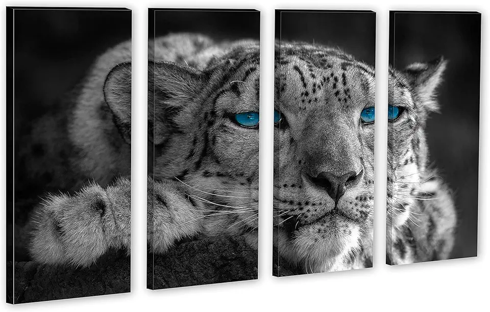 80 x 50 TOTAL - Snow Leopard Blue Eyes Canvas Print Wall Art 4 Panel split, Animal Home Wall Decor