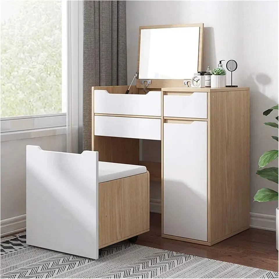 2-in-1 Modern Makeup Vanity Desk for Bedroom, Cushioned Stool, Vanity Table with Drawers, Dressing Table Writing Desk (Color : Natural, Size : 51x40x80c (Natural 80x40x80cm)