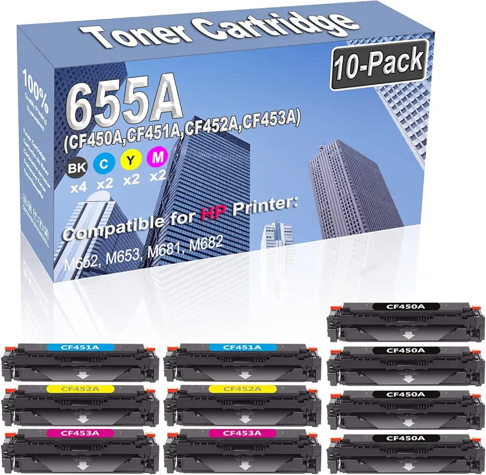 10-Pack (4BK/2C/2Y/2M) Compatible High Capacity 655A (CF450A CF451A CF452A CF453A) Toner Cartridge Used for HP M652 M653 M681 M682 Printer