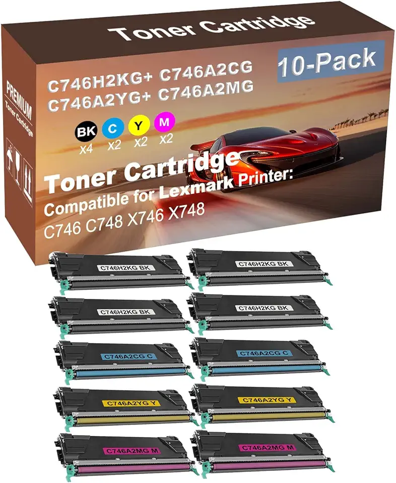 10-Pack (4BK+2C+2Y+2M) Compatible High Yield C746H2KG+ C746A2CG+ C746A2YG+ C746A2MG Laser Printer Toner Cartridge Used for C746 C748 X746 X748 Printer