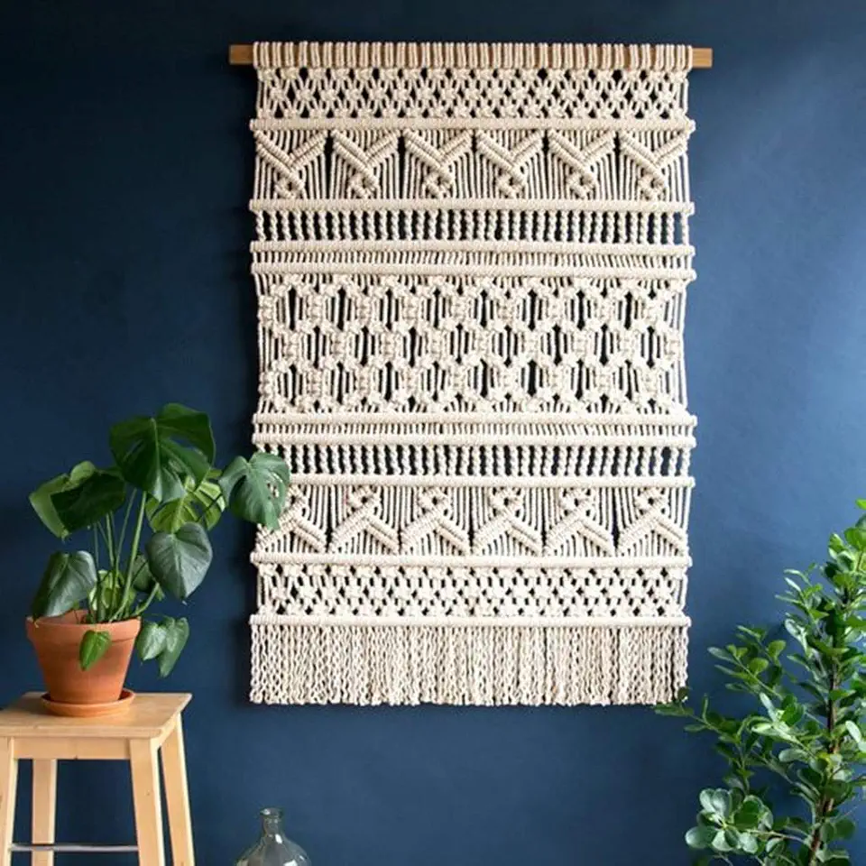 Macrame Wall Hanging Hand Made Tapestry,Woven Tapestry All Decor,Natural Cotton Rope Wall Tapestry Home Decor for Apartment (Beige 90X135CM)
