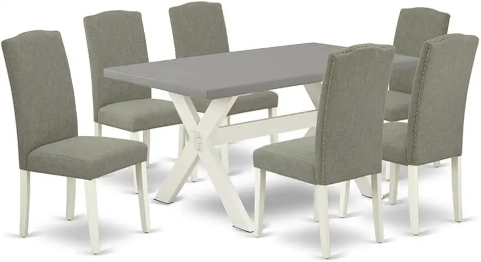 East West Furniture X096EN206-7 7 Piece Dining Table Set Consist of a Rectangle Dining Room Table with X-Legs and 6 Dark Shitake Linen Fabric Upholstered Chairs, 36x60 Inch, Multi-Color