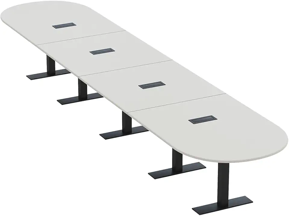 20 Person Racetrack Shaped Modular Conference Room Table with Power and Data | Matte Black Metal T-Base | Scratch-Resistant Surface | Harmony Series Modern Office Table | Light Gray – 20’