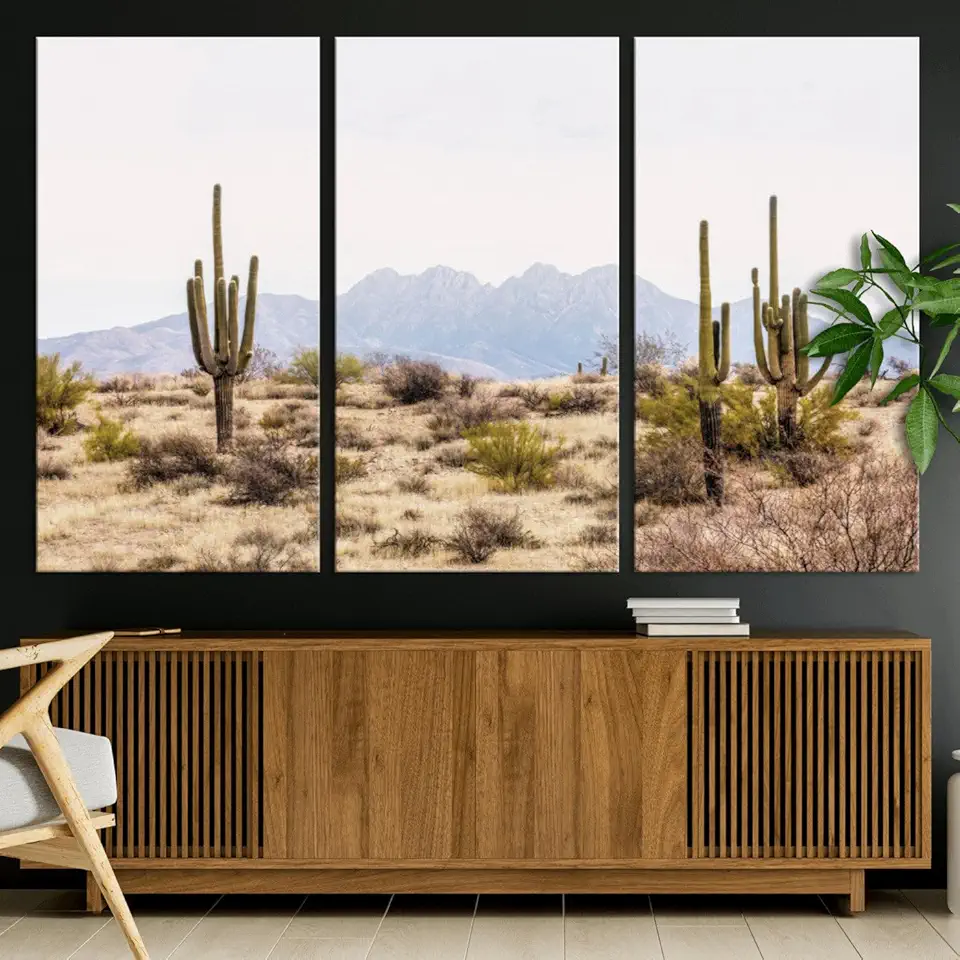 Sami Eymur Desert Cactus Canvas Wall Art – Serene Southwestern Arizona Landscape with Majestic Mountains - 3 Panel Floating Frame/Walnut / 90
