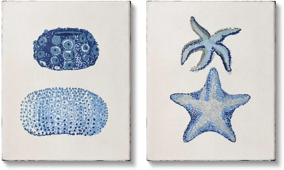 Stupell Industries Minimal Nautical Sea Creatures Blue White Painting Wall Art, 2pc, Each 16 x 20