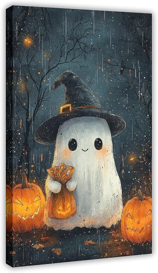 Cute Halloween Ghost Wall Art – Vintage Witch Hat & Candy Bag – Fun Holiday Decor Poster Print Decorative Painting Canvas Wall Art Living Room Posters Bedroom Painting 20x30inch(50x75cm)