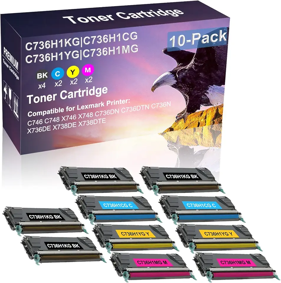 10 Pack (BK+C+Y+M) Compatible C736H1KG C736H1CG C736H1YG C736H1MG Laser Printer Toner Cartridge High Yield Use for C746 C748 X746 X748 C736DN Printer