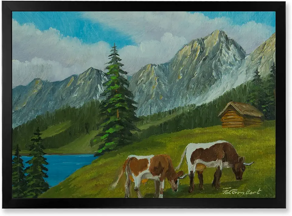 Mountain Landscape With Cows On A Green Meadow Farmhouse Framed Wall Art