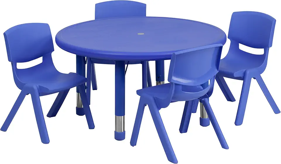Flash Furniture Emmy 33'' Round Blue Plastic Height Adjustable Activity Table Set with 4 Chairs