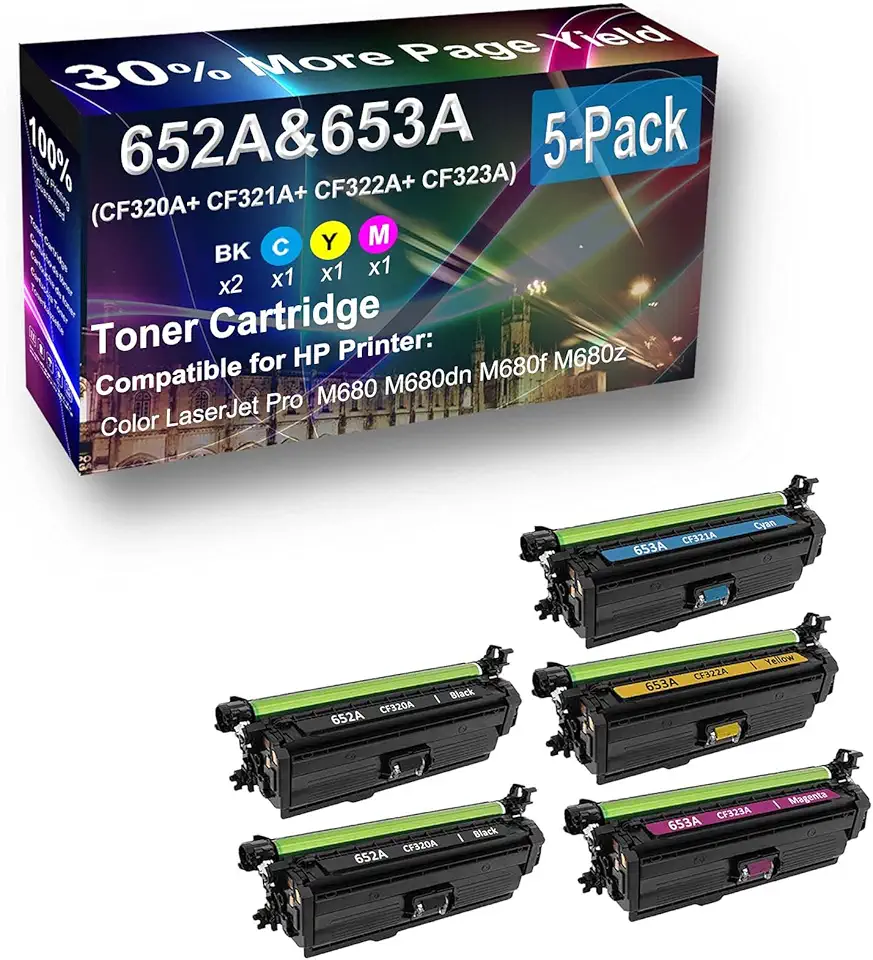 5-Pack (2BK+C+Y+M) Compatible High Capacity 652A 653A (CF320A+ CF321A+ CF322A+ CF323A) Toner Cartridge use for HP M680 M680dn Printer