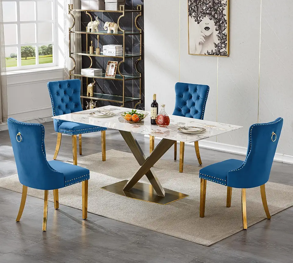 Henf 5 Piece Dining Table Set with 4 Chairs, 70'' White Faux Marble Kitchen Table Chairs Set for 4, Bronze Carbon Steel X-Shape Base, Marble Texture White Glass Top Dining Room Table Set for 4