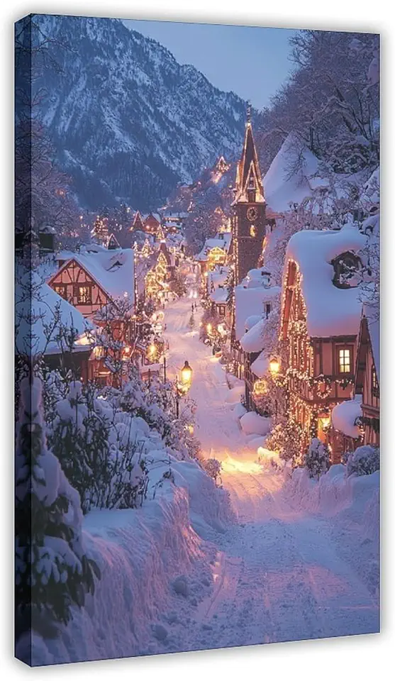 Christmas Winter Fantasy Town Wall Art – Cozy European Snow-Covered Street with Holiday Lights – Magical Festive Decor Canvas Poster Bedroom Decor Sports Landscape Office Room Decor Gift Frame 20x30in