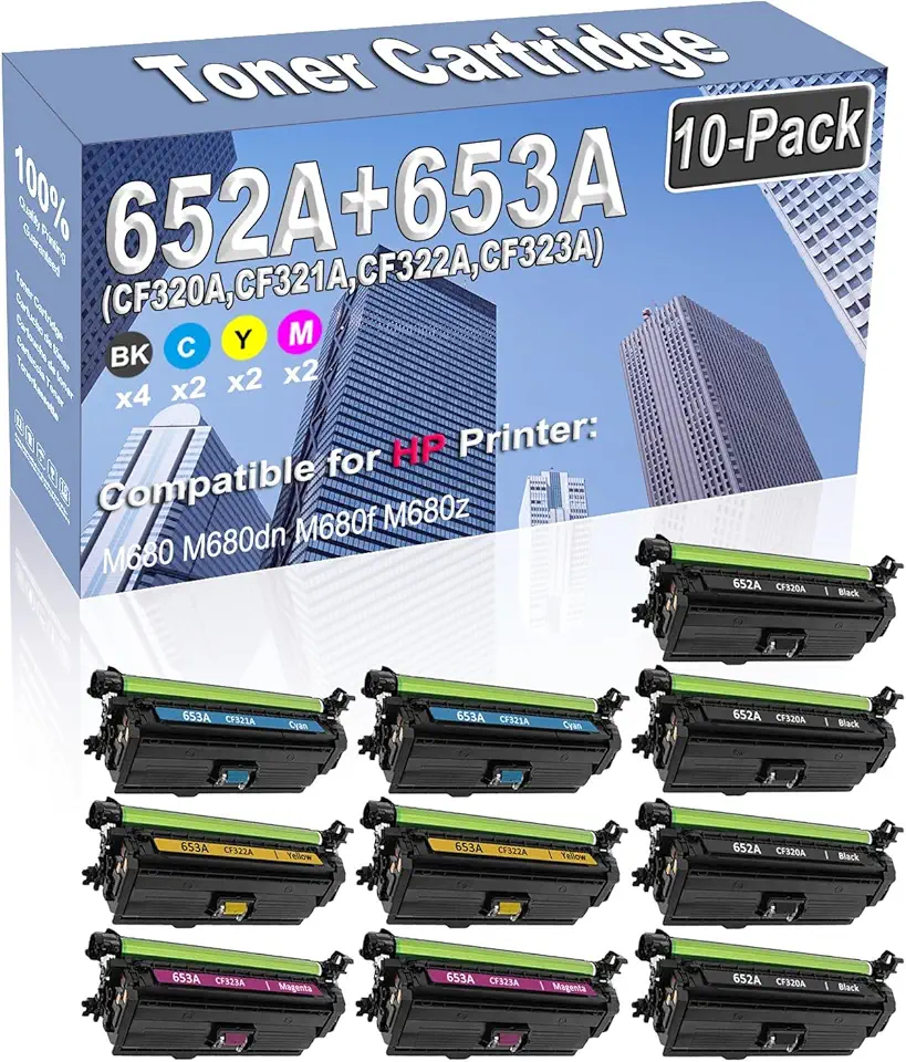 10-Pack (4BK/2C/2Y/2M) Compatible High Capacity 652A 653A (CF320A CF321A CF322A CF323A) Toner Cartridge Used for HP M680 M680dn M680f M680z Printer