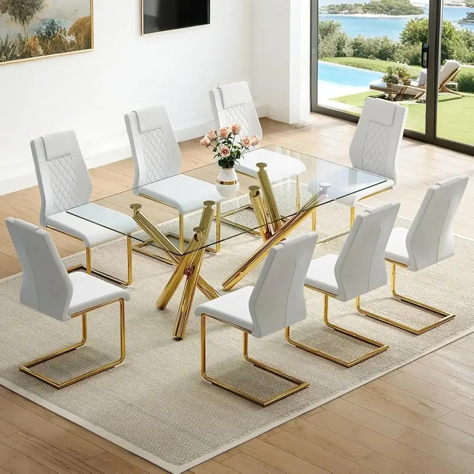 Glass Dining Table Set for 8,Gold Dining Room Table Set for 8,71'' Tempered Glass Kitchen Table Set with White PU Leather Chairs Suitable for Dining Room Kitchen