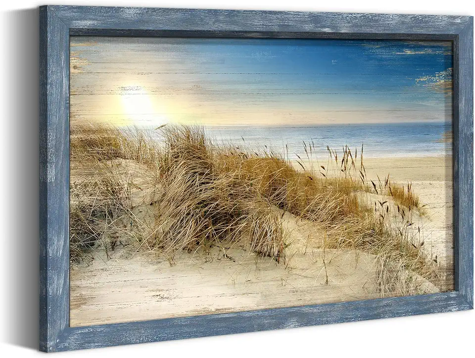 Beach Framed Wooden Wall Art: Modern Seaside Sand Dune Grass Picture Calming Coastal Sunset Decor Rustic Ocean Artwork Seascape Painting Contemporary Seashore Prints for Bedroom Bathroom Living Room
