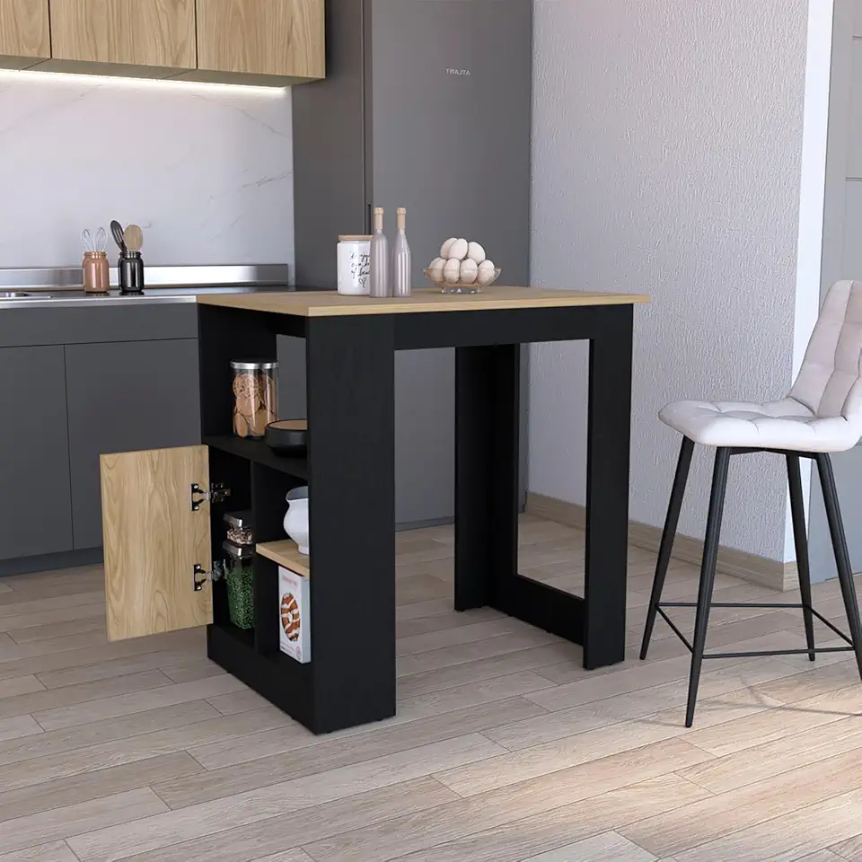 Kitchen Island with 1-Door Cabinet & Side Shelves, Black-Natural Oak Island, Generous Top, 3 Side Shelves, Dual Function as Prep Surface & Dining Table, 36.2