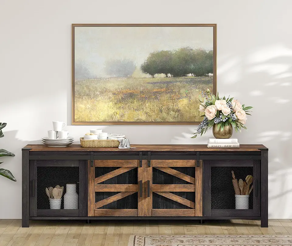 WAMAPT Buffet Cabinet with 2 Doors and 2 Open Storage, Coffee Bar Table Wood Kitchen Storage Cabinet with Sliding Barn Door, Farmhouse Sideboard Credenza for Dining Room, Brown and Black