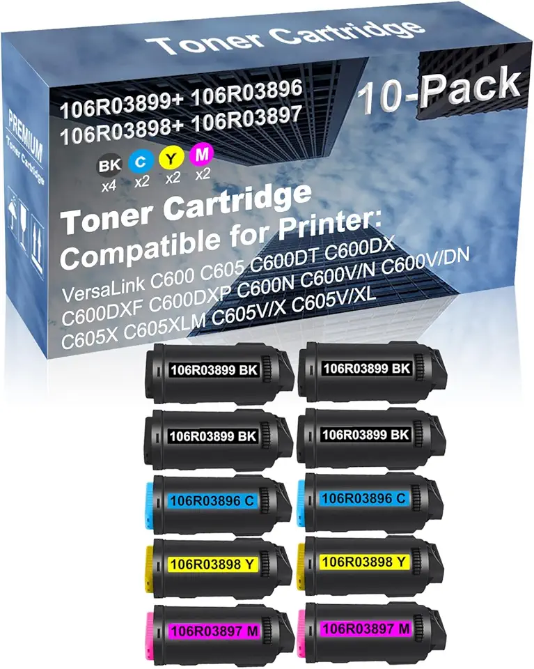10-Pack (4BK+2C+2Y+2M) Compatible High Yield 106R03899+ 106R03896+ 106R03898+ 106R03897 Laser Printer Toner Cartridge Used for C605 C605X C605XLM C605V/X C605V/XL Printer