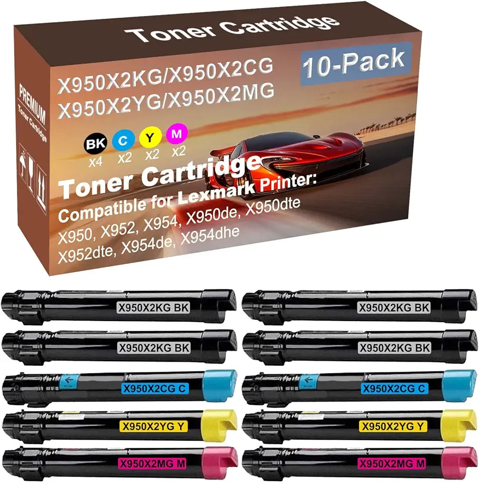 10-Pack (4BK+2C+2Y+2M) Compatible X950de, X950dte, X952dte Printer Toner Cartridge High Capacity Replacement for X950X2KG+ X950X2CG+ X950X2YG+ X950X2MG Toner Cartridge