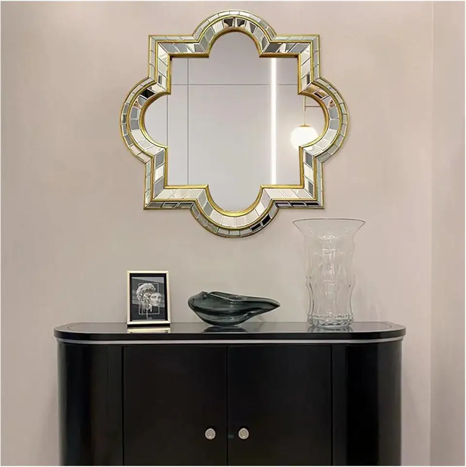 Bathroom Mirror, Nordic Irregular Flower Shaped Glass Mirror Fireplace Dresser Art Display Mirror Bathroom Mirror Room Ornaments Home Decoration(Gold,100x100cm)