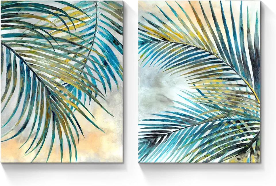 Tropical Leaves Pictures Wall Art: Abstract Palm Tree Prints Leaf Canvas Artwork Fern Botanical Watercolor Painting for Modern Living Room Bathroom Bedroom Ready to Hang