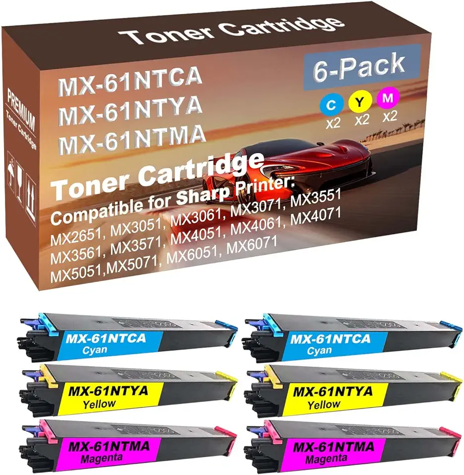 6-Pack (2C+2Y+2M) Compatible MX3561, MX3571, MX4051, MX4061 Printer Toner Cartridge High Capacity Replacement for Sharp MX-61NTCA+ MX-61NTYA+ MX-61NTMA Toner Cartridge