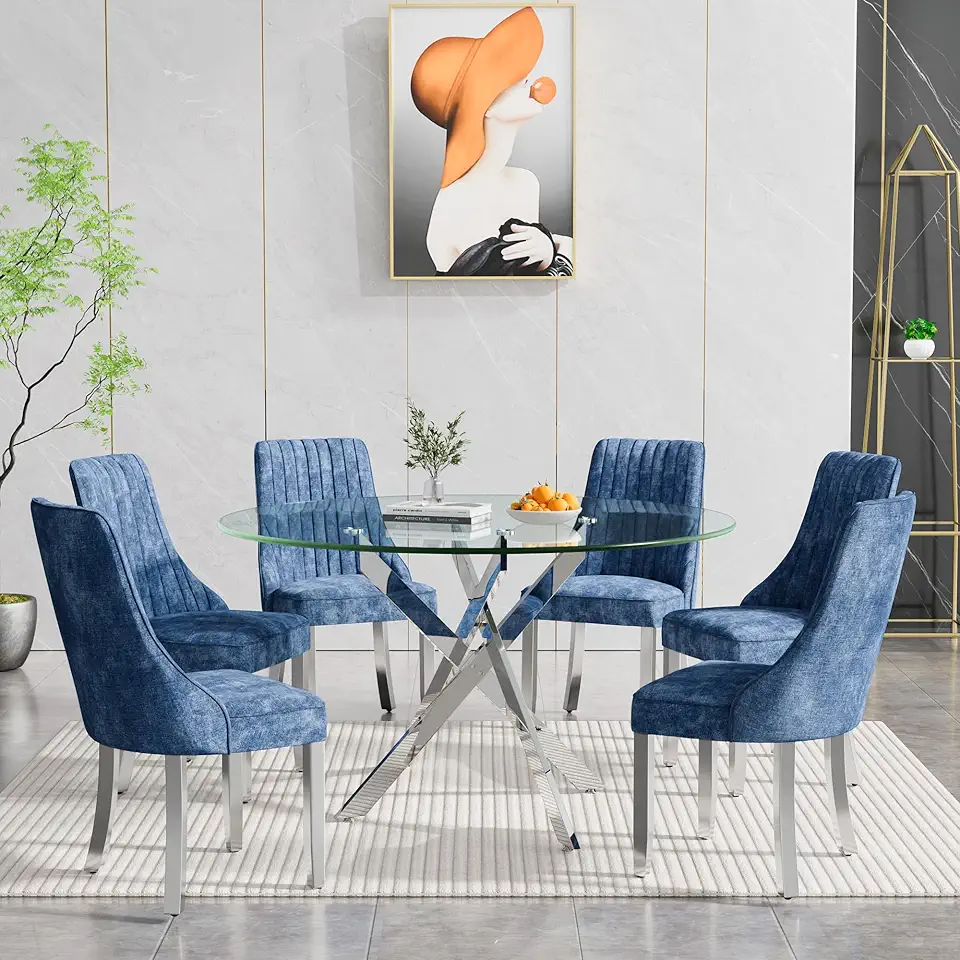Henf 7 Piece Round Dining Table Set with 6 Fabric Chairs, 47in Glass Kitchen Table and Chair Set for 6, Round Glass Dining Room Set for 6, Silver Metal Legs Home Kitchen Furniture