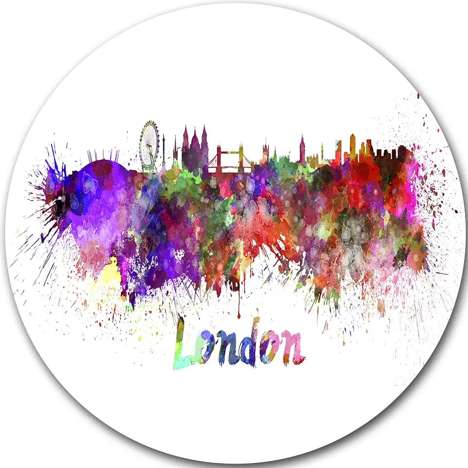 Designart London Skyline Cityscape Metal Wall Art-Disc of 23 inch, 23'' H x 23'' W x 1'' D 1P, Purple/Yellow/Red/Pink