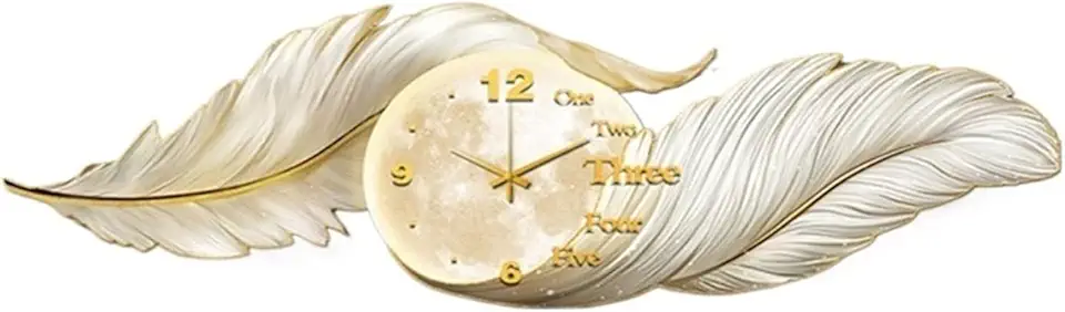 Decorative Painting with Clock Large Silent Wall Clock, Feather Wall Clocks Decorative, Luxury Feather Wall Decor w/LED Light & Clock Wall Lamp(White,Medium)