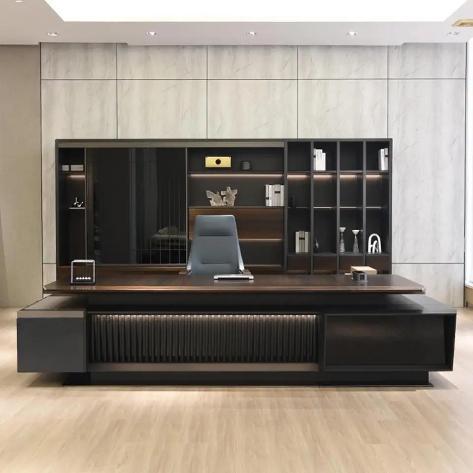 YZABEL Luxury 78 inch Corner Executive Desk with Widen File Drawers and Power Outlets, Business President Solid Wood Office Desk with LED Light Strip,Gaming Table Furniture Set Workstation for CEO Bos