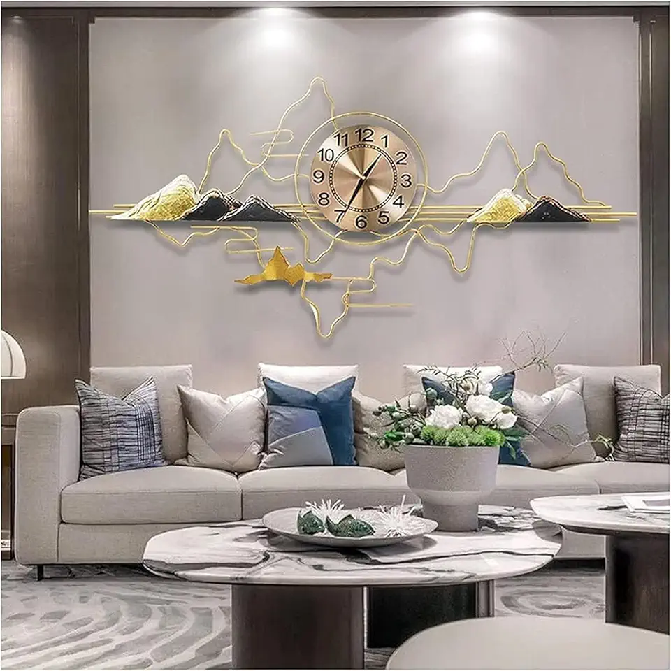 Wall Clock Modern Art Large Metal Wall Clock for Living Room, Big Fancy Decorative Clock with Silent Movement Modern Wall Clock for Living Room Bedroom Office Wall Decor, Gold 111 * 3.5 * 53cm (Gold