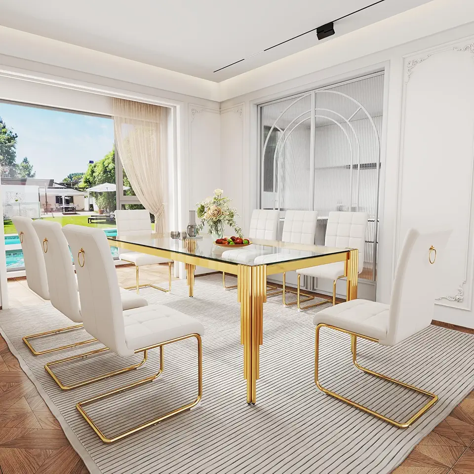 Modern Glass Dining Table Set for 8, Clear Gold 80'' Dining Room Table with Stainless Steel and White Leather Dining Chairs, Easy Assemble, Kitchen Table and Chairs for Dining Room
