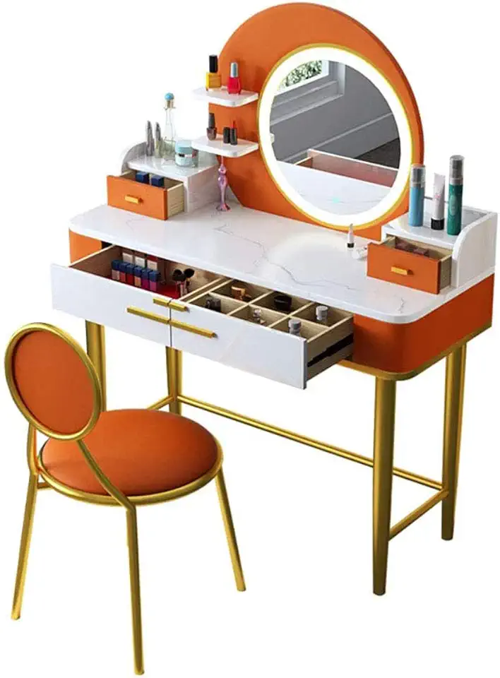 Vanity Table Set with 3 Mode Lighted Mirror Cushion Stool Makeup Table Vanity Dressing Table with Drawer Storage Shelves for Women Dresser Desk Furniture for Bedroom Orange