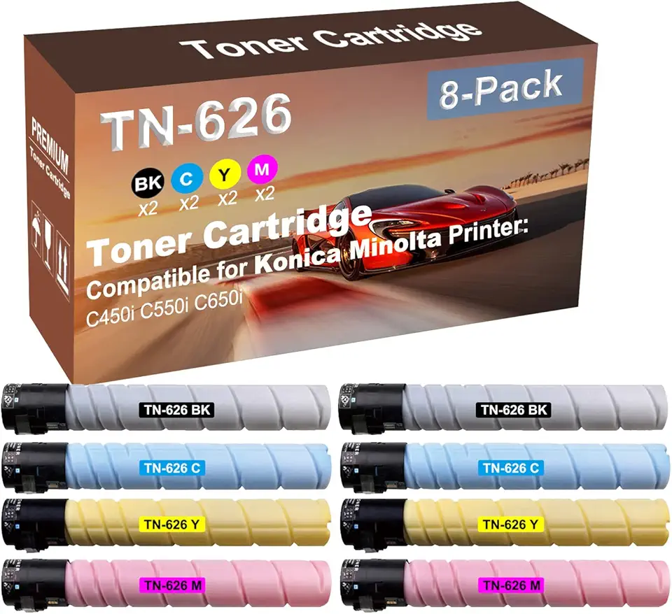 8-Pack (2BK+2C+2Y+2M) Compatible High Yield TN626 TN-626 (TN626BK+ TN626C+ TN626Y+ TN626M) Laser Printer Toner Cartridge Used for Konica Minolta Bizhub C450i, C550i, C650i Printer