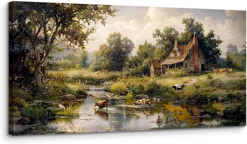 crmotu Large Wall Art for Living Room, Farm Landscape Canvas Painting, Riverside Forest Cottage Scenery Art Prints, Animal Cow Sheep Modern Farmhouse Bedroom Bathroom Pictures Wall Decor 30