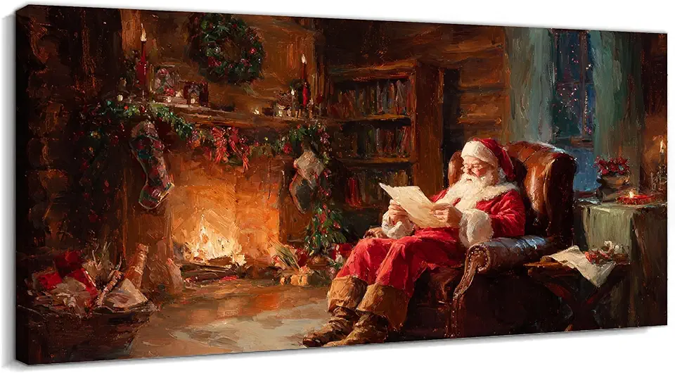 BYXOLARA Vintage Christmas Wall Art - Santa Pictures Wall Decor for Living Room, Vintage Santa Portrait Christmas Painting for Home Decoration, Frame Wrapped Canvas Artwork, 20×40 inches