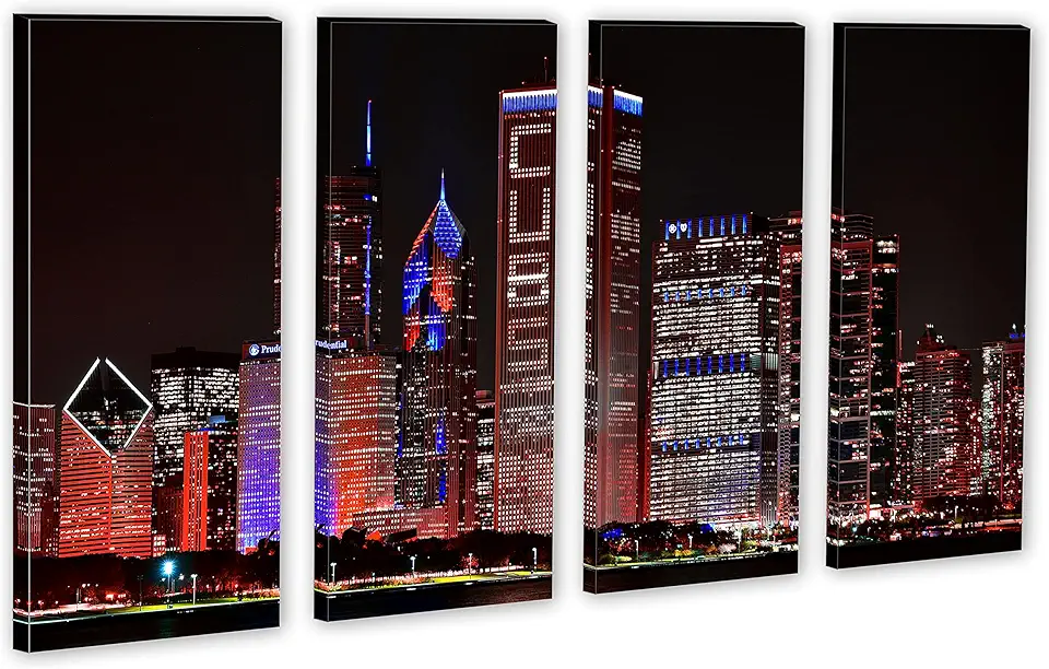 80 x 50 TOTAL - Chicago Cubs Red skyline night Canvas Print - 4 Panel Split Wall Art for home decor