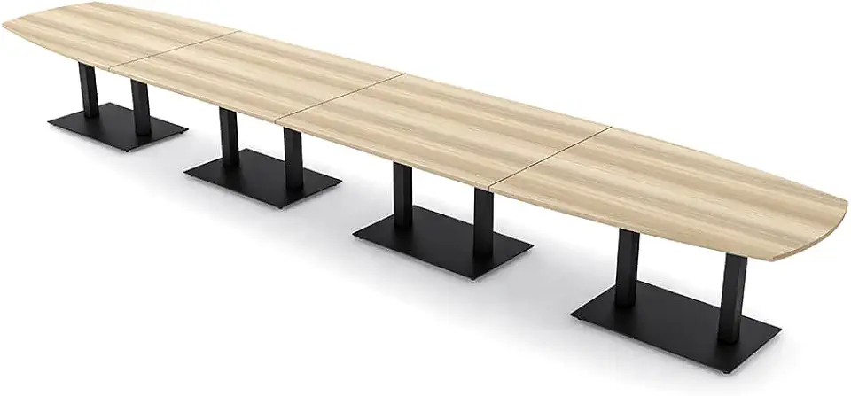 SKUTCHI DESIGNS INC. 20 Person Arc Boat Shaped Large Boardroom Table with Matte Black Square Metal Bases | Harmony Series | Scratch-Resistant, Durable & Easy to Assemble | Blonde Surfside Ash - 4x20