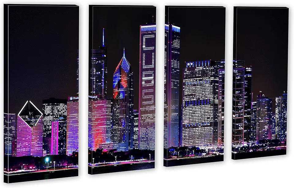 80 x 50 TOTAL - Chicago Cubs skyline Purple night Canvas Print - 4 Panel Split Wall Art for home decor