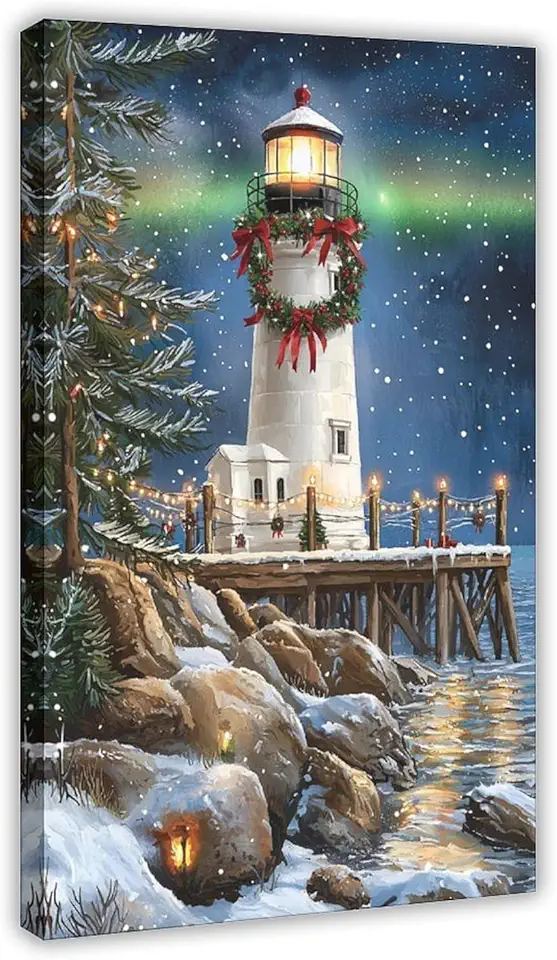 Seaside Christmas Canvas – Festive Lighthouse with Snow, Peaceful Coastal Holiday Wall Art Poster Canvas Artwork Prints Rustic Farmhouse Decorations for Living Room Bathroom Bedroom 20x30inch(50x75cm)