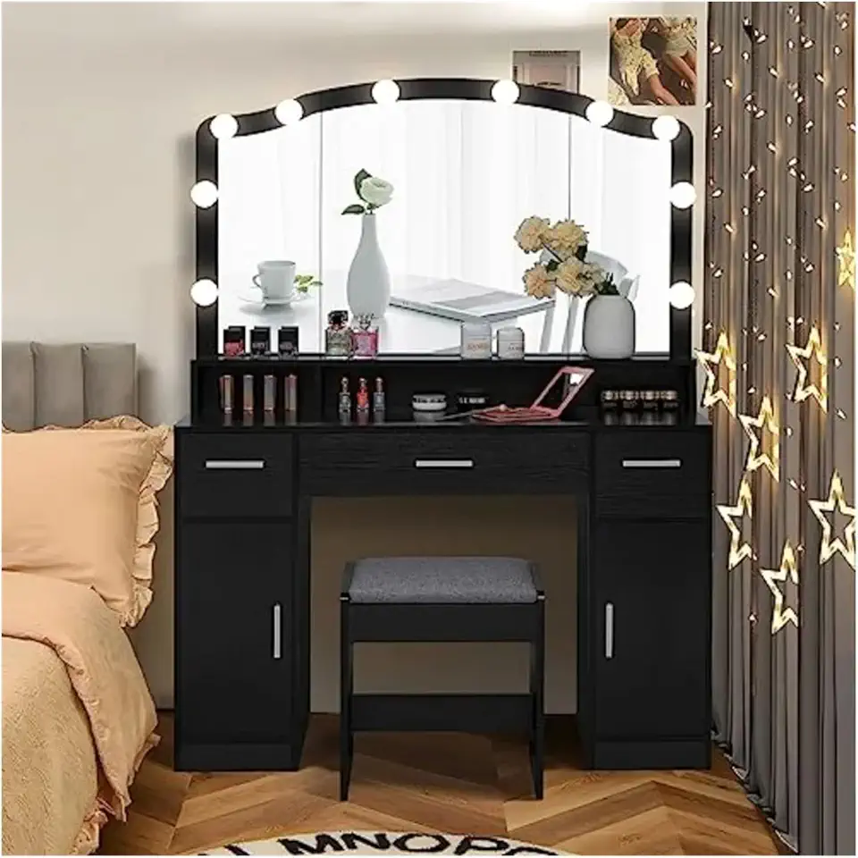 Large Vanity Set with Large Lighted Mirror, Vanity Table with Drawers, 2 Storage Cabinets & Cushioned Stool Dressers for Bedroom,White (Black One Size)